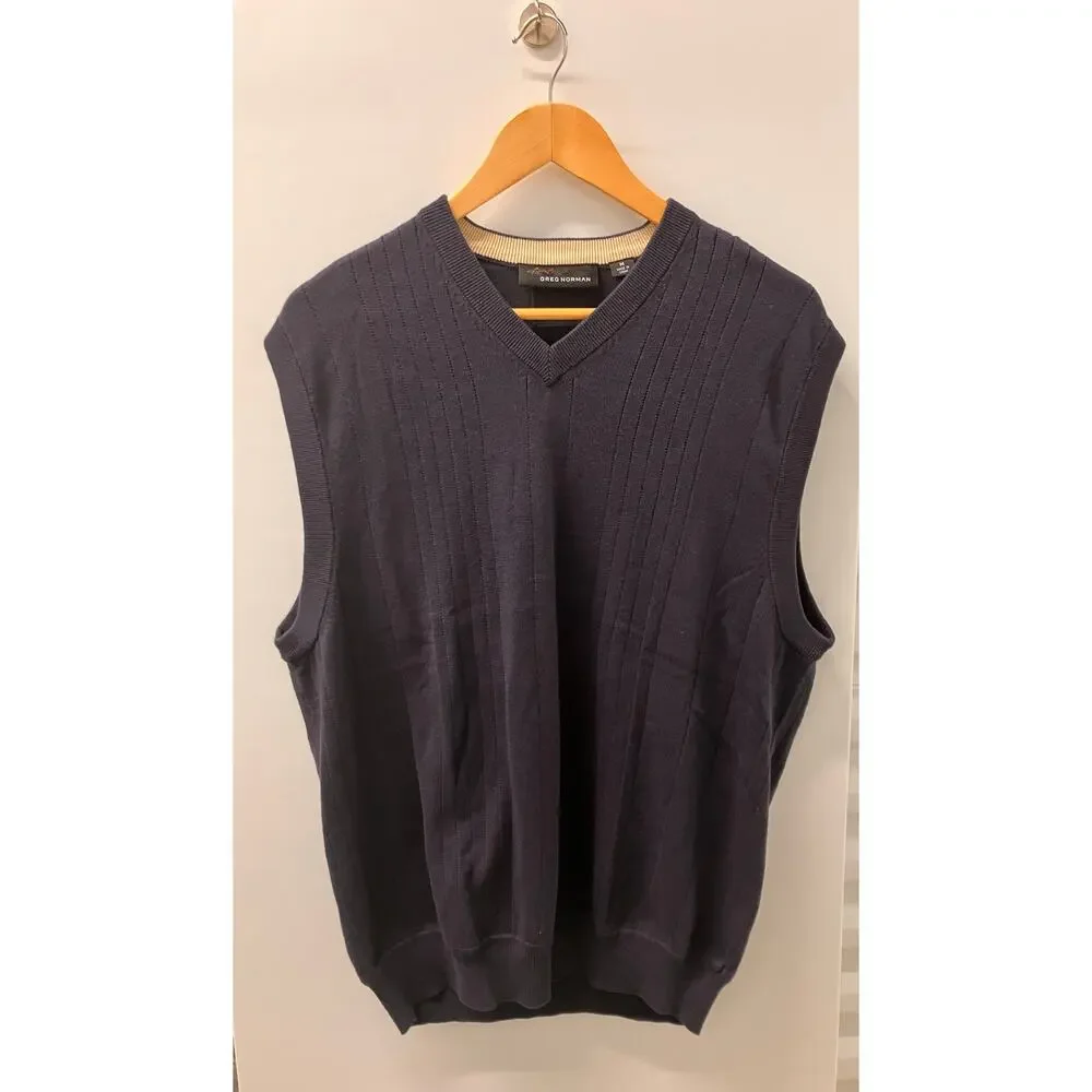 GREG NORMAN Medium GOLF Sweater Vest Navy‎ BLUE V NECK Preppy Knit MENS